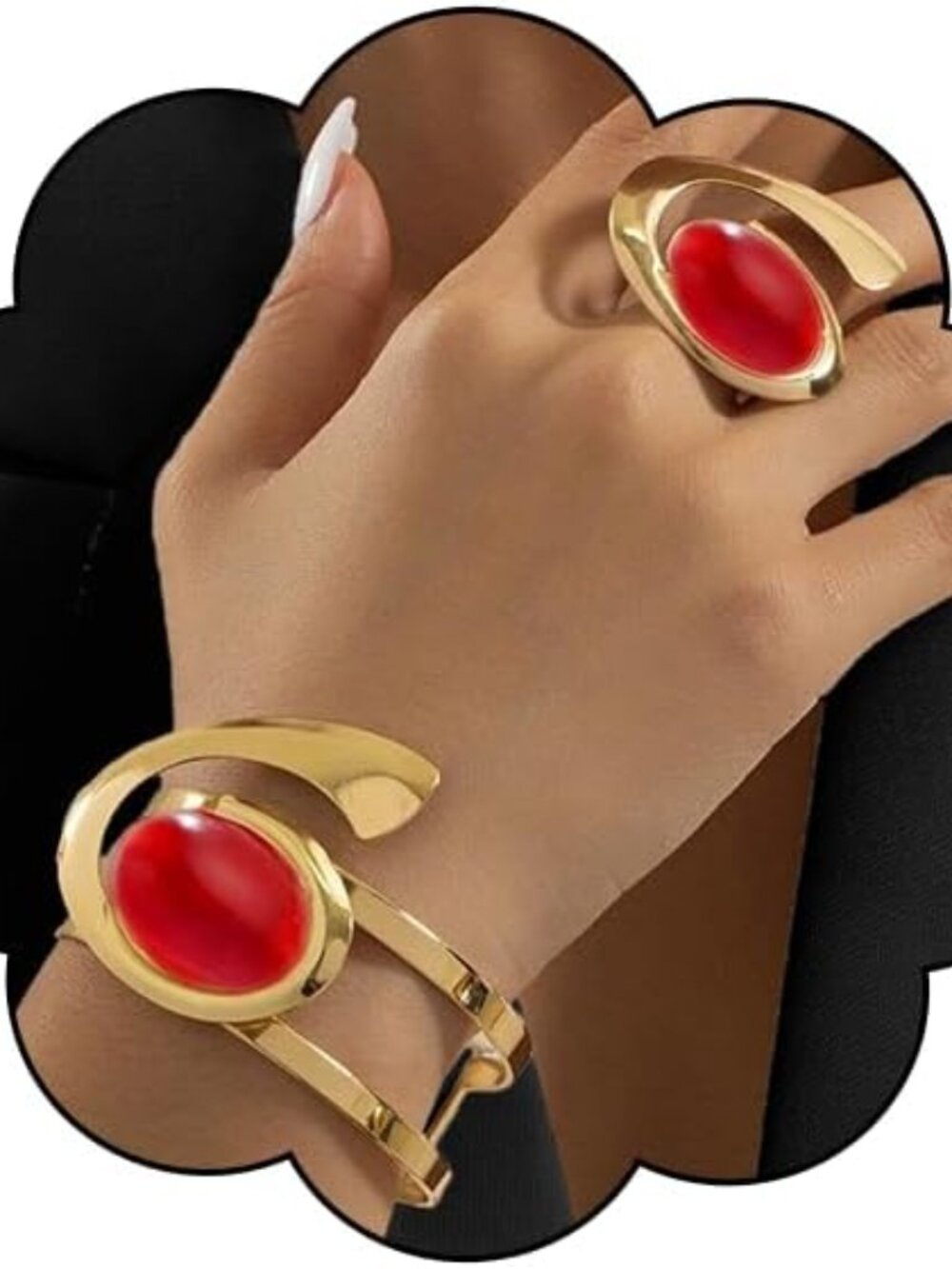 Women Trendy Oval Red Acrylic Bracelet Ring Set